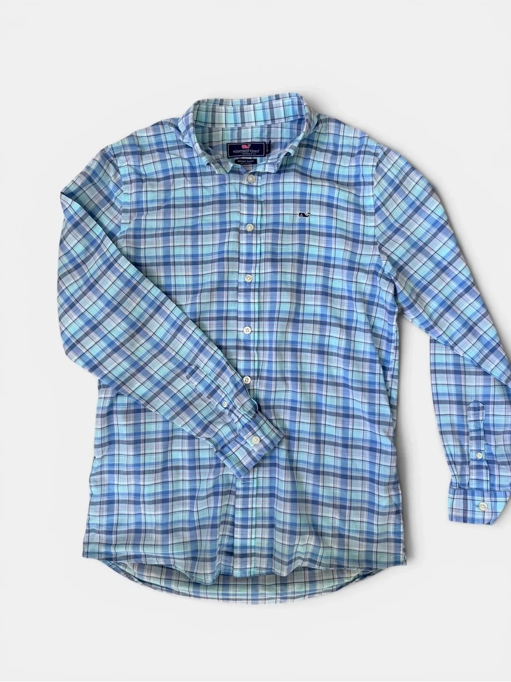 Vineyard Vines Boys XL 18 Whale Shirt Blue Plaid Button Down Cotton Preppy